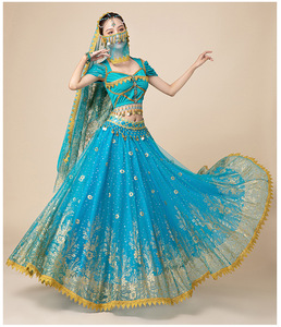 Vestido de Halloween para Mujer, Lujoso y Brillante, de Poliéster con Patrón Dorado, Disfraz Indio de la Princesa Jazmín de Aladdín, para Danza del Vientre y Bollywood - Product Image 4