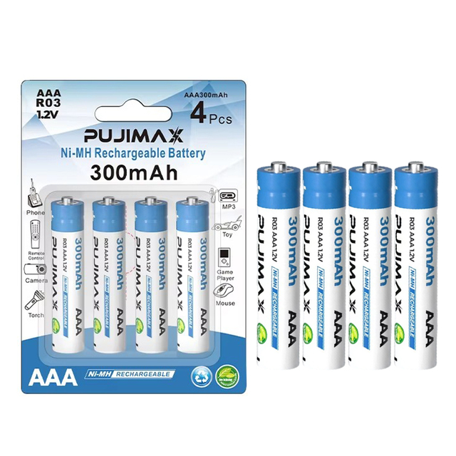 PUJIMAX Wholesales 4pcs/card 300mAh 1.2v AAA Battery Nimh Rechargeable Battery for Flashlight, Remote Control, Clock, Calculator
