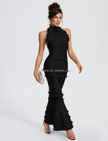 Ocstrade Hochwertige Schwarze Elegante Abendkleider mit Neckholder, Ärmellos, Offenem Rücken, Rüschen und Meerjungfrauen-Silhouette – Eng Anliegende Abendkleider für Damen