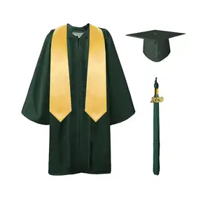 무광택 대학 학사 녹색 고등학교 졸업 가운 및 모자