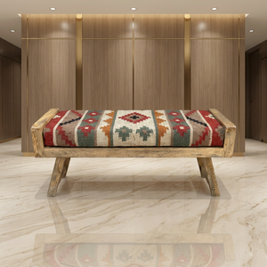 Banco de Yute Kilim Hecho a Mano, Ecológico y Duradero, Banco Otomano Tradicional Cuadrado, Banco de Madera Vintage, Muebles Rústicos para Sala de Estar - Product Image 1
