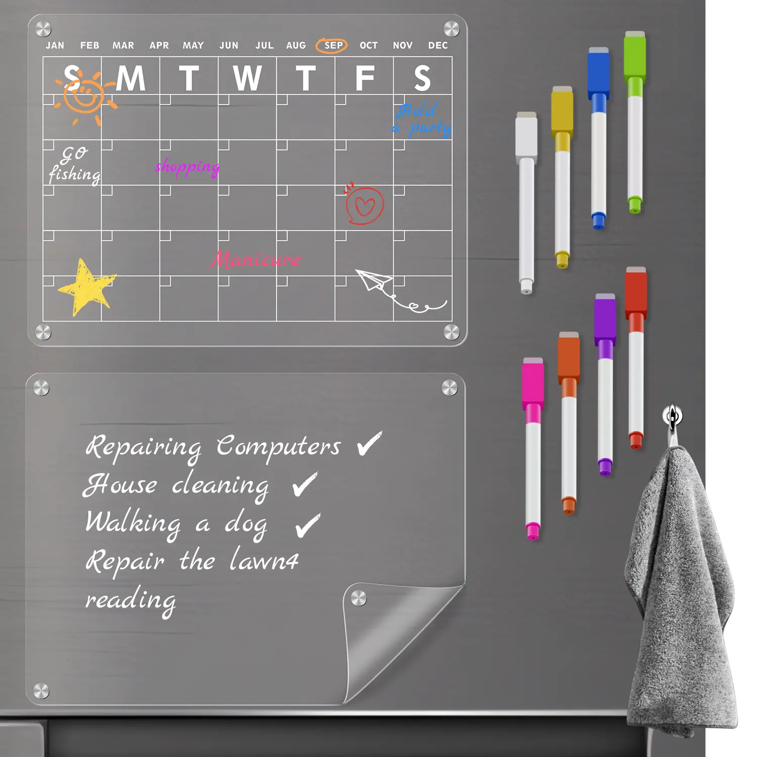 Calendario PVC per frigo, 16 ''x 12'' 2 Set di chiaro magnetico mensile & bianco pianificatori per frigorifero con 8 colori marcatori