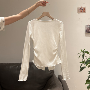 Camiseta de Manga Larga para Mujer, Blanca, Poliéster/Algodón, Estilo Vintage, Secado Rápido, Patrón 3D, Cuello en V con Botones, Tejido, para Uso Diario - Product Image 5