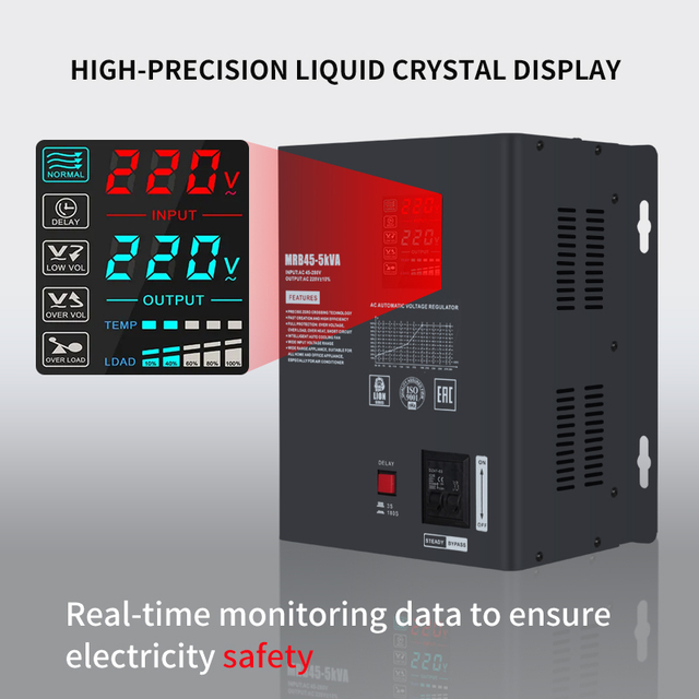 Single Phase AC Output 220V Wide Input Range 45-280V 50/60Hz LCD Display 5KVA Static Wall-mounted Relay Voltage Stabilizer