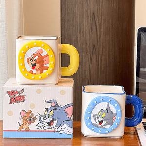 Tom And Jerry <b>Ceramic</b> <b>Mug</b> Blue And Yellow Cartoon Design With Handle Single Cup For Office Or Gift - Product Image 1