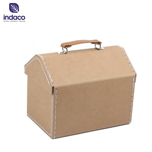 Retro house shaped kraft paper hand-held luggage, custom printed cardboard gift <b>box</b>, recyclable luggage for children's toys and - Product Image 2