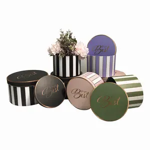 スタイリッシュなストライプ柄の丸型ギフトボックス3個セット、不滅の花ボックスパッケージギフトボックス - Product Image 1