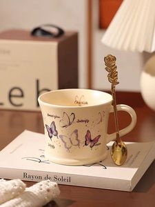 Wholesale Aesthetic Eco-friendly <b>Ceramic</b> <b>Mug</b> Cartoon Butterfly Design French Style Vintage Pink Purple Colors Reusable Food Safe - Product Image 4