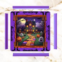 Alas Permainan Mahjong Amerika Bertema Rumah Hantu Halloween dan Labu Hantu dengan 4 Rak Ungu