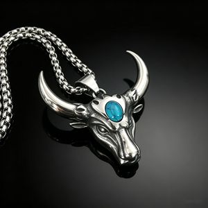 Bull Head Alloy Pendant Turquoise Inlay Men's Necklace Stainless Steel Fashion Sweater Chain Geometric Design Gift Jewelry - Product Image 2