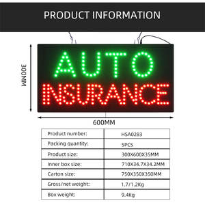 Letrero Led de <span class=keywords><strong>SEGURO</strong></span> DE AUTOMÓVIL de 12*24 pulgadas, colgado en la compañía de seguros, letrero intermitente iluminado con texto interior Led - Product Image 2