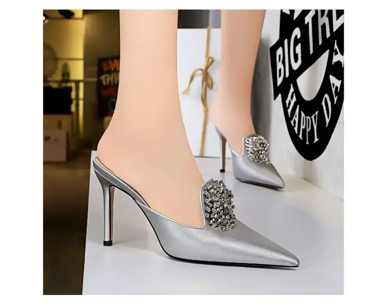 Luxury Women 10.5cm High Heels Slides Mules Designer Lady Gold Silver Heels Closed Toe Crystal Slippers Outsides Prom Shoes