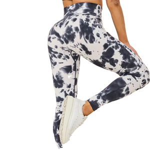 Pantalones de yoga de cintura media sin costuras, transpirables, con efecto realce de glúteos, teñido por goteo, de secado rápido, largos, estampados para ejercicio. - Product Image 1