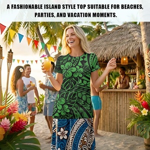 Blusas de Manga Corta con Estampado Tribal Polinesio Verde para Mujer, Camisetas Casuales con Cuello Redondo, Camisetas Básicas Suaves, Blusas de Trabajo, Camisas Elegantes - Product Image 3