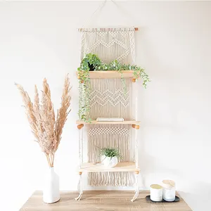 Handmade boho wooden wall hanging 3 tier organizer shelf floating storage holder woven rope macrame home decor rack