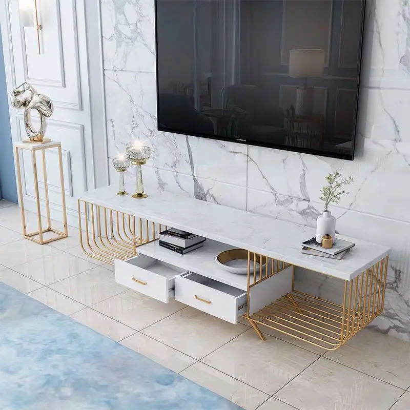 Marble Tv Stand Metal Leg Modern Tv Ark Luxury Living Room Ground Ark White Color Tv Cabinet
