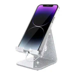 चांदी की चमक एक्रिलिक सेल फोन स्टैंड डेस्क घर उपयोग के लिए पोर्टेबल फोन धारक स्पष्ट फोन स्टैंड खुदरा दुकान विज्ञापन