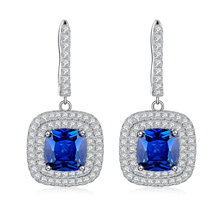 Square Cue Elegante blaue Saphir Ohrringe Sterling Silber Tropfen Ohrringe für Frauen