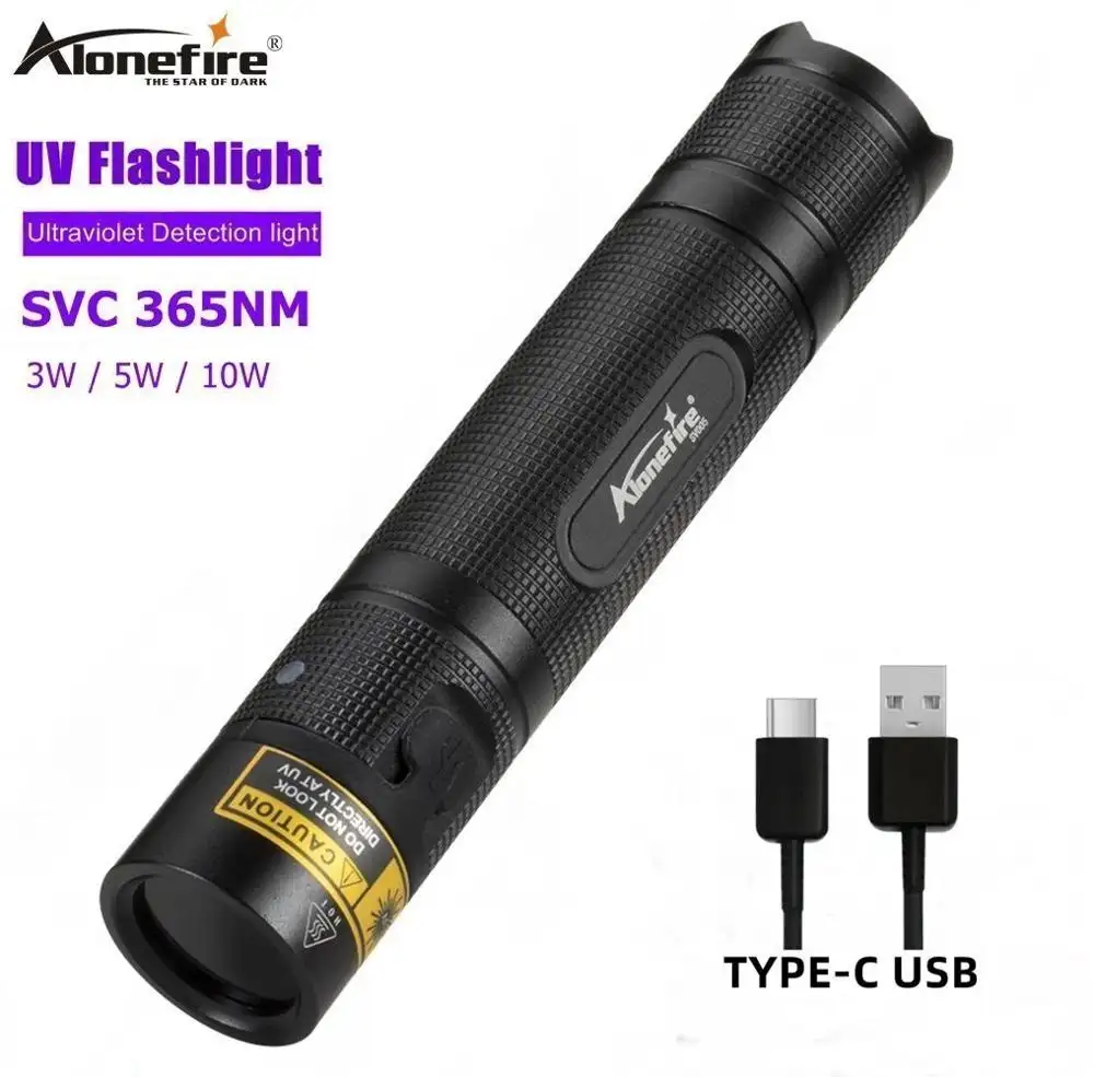 AloneFire SV005 UV Led Đèn Pin 365nm Mạnh Mẽ Tia Cực Tím Vô Hình USB Torch Ánh Sáng Màu Đen Vật Nuôi Nước Tiểu Vết Bẩn Detector Bọ Cạp