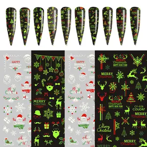 Weihnachten leuchtende Fluoreszenz benutzer definierte 3d Nail Art Aufkleber 2021 Schneemann Baum Flocke Hirsch Designer Nägel Aufkleber Blätter