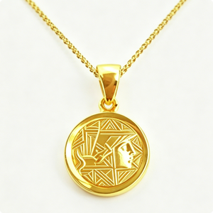 Pendentif circulaire plaqué or sur le thème de la pyramide avec collier médaillon à motif en relief - Product Image 4