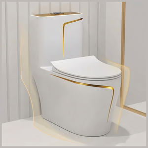 Vaso Sanitário Monobloco de Cerâmica para Banheiro Louça Sanitária de Luxo Cor Branca com Linha Dourada para Instalação no Piso - Product Image 1