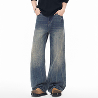 Jean décontracté coupe droite ample unisexe American Washed Distressed Bamboo-striped Cat Tail Cleanfit