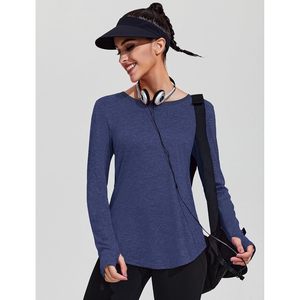 FOXA Women's Long Sleeve Yoga <b>Top</b> Breathable Mesh Back Scoop Neck Athletic Workout Shirt with Thumbholes Loose Fit - Product Image 2