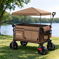 Chariot de camping pliable à quatre roues avec pare-soleil, chariot utilitaire réglable à pousser et à tirer pour la plage, le jardin et les courses