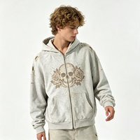 Sweat à capuche zippé épais ivoire, délavage vintage, imprimé crâne et rose, délavage acide, streetwear, effet pulvérisé, en molleton de coton