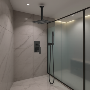 Juego de ducha de lluvia para baño, negro mate, montado en el techo, cabezal de ducha cuadrado con efecto lluvia, accesorio de grifo - Product Image 2