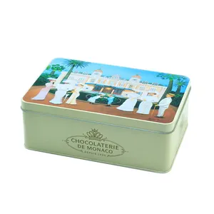 Caja de lata de metal rectangular para almacenamiento de alimentos, caja de hojalata con impresión personalizada para galletas, chocolate