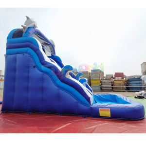 Château gonflable aquatique pour enfants à deux voies avec toboggan aquatique gonflable en forme de dauphin et piscine - Product Image 4