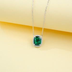 925 Sterling Silver Cushion Cut Lab Created <b>Emerald</b> <b>Pendant</b> Necklace, Halo with Diamond Accents Fine Jewelry for Women - Product Image 4