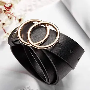Cinturón de cuero genuino para mujer, con hebilla de anillo redondo doble, a la moda, 2022