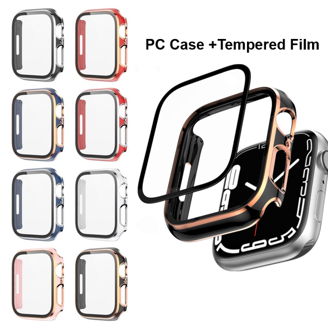 RYB 41mm 45mm Tempered Film + PC Case for IWatch 40mm 44mm Watch Accessories Bumper Protective Case for Apple Watch Series 7 8 9