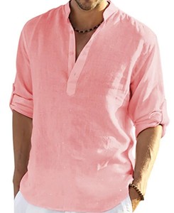 Camisa de Lino para Hombre Fitspi, Estilo Vintage, Manga Larga, Informal, Holgada, Cuello en V, Color Sólido, Tallas Grandes, Mezcla de Algodón - Product Image 6