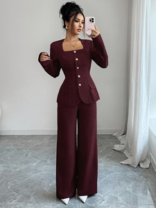 Elegante Completo Bordeaux da Donna: Stile Semplice con Pantaloni Lunghi e Scollo Quadrato a Maniche Lunghe, Tessuto Intrecciato, <span class=keywords><strong>Look</strong></span> Casual Primaverile - Product Image 5