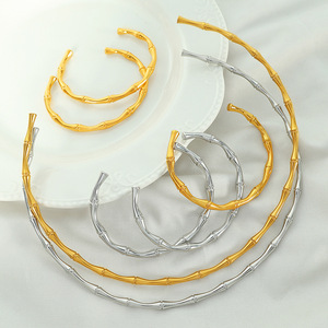Bamboo Joint Open <b>Cuff</b> <b>Bracelet</b> Set Gold <b>Silver</b> Titanium Steel Unisex Fashion Jewelry - Product Image 1
