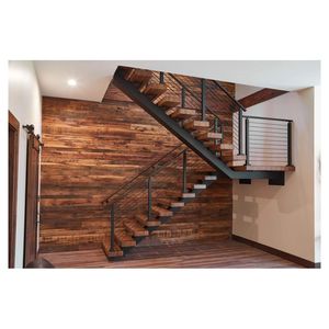 Scala a U in Acciaio Prima con Gradini in Legno, Monotrave <span class=keywords><strong>e</strong></span> Ringhiera in Vetro - Scala Flottante - Product Image 1