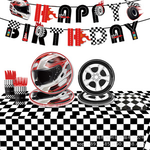 Décorations de fête d'anniversaire sur le thème des voitures de course, bannières, ballons, vaisselle, couverts, assiettes en papier, ensemble jetable - Product Image 3
