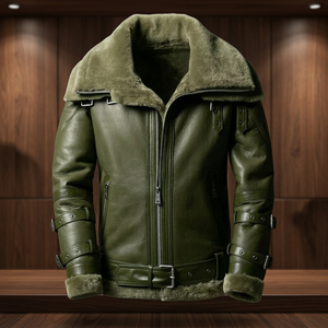<b>Men</b> Genuine Leather <b>Jacket</b> Olive Green Moto Biker Style Polyester Lining Zipper Closure Winter Windproof Standard Regular Front - Product Image 1