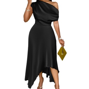 Custom Women Asymmetrical <b>One</b> Shoulder Solid Color Casual <b>Dress</b> Elegant Shoulder Waist Belt Side Split Washable Natural - Product Image 4