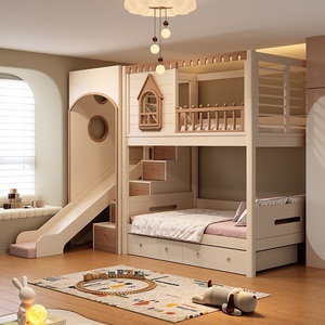 Lit superposé en bois massif JS Modern Kids House avec toboggan, armoire avec rangement et bibliothèque intégrée, tiroirs pour <span class=keywords><strong>chambre</strong></span> d'enfant - Product Image 4