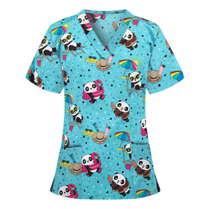 Haut de blouse médicale pour femme, imprimé panda bleu, col en V, manches courtes, avec poches, uniforme d'hôpital, uniforme médical pour femme - Product Image 4