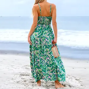 OEM Lady Casual Elegant Floral Print Beach Dress Summer Vacation A Line Dress Linen Long Maxi Dresses For Women