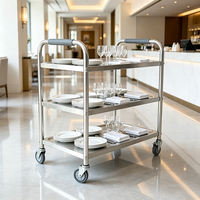 Chariot de service commercial à 3 niveaux en acier inoxydable plat, assemblé, robuste, pour hôtel, restaurant, restauration, service alimentaire