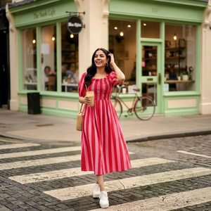 Robe midi en coton rayée rose, col carré, manches bouffantes, coupe trapèze, tenue décontractée d'été, tissu tissé respirant - Product Image 1