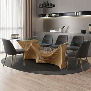 Table à manger rectangulaire contemporaine de luxe en érable paramétrique, artistique et organique, avec plateau en verre ondulé, mobilier de maison massif sur mesure - Product Image 4