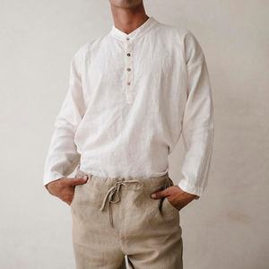 เสื้อเชิ้ตผู้ชายคอจีนลำลองทรงหลวมแบบขายส่ง เสื้อเชิ้ตผ้าลินินผู้ชายสั่งทำได้ - Product Image 3